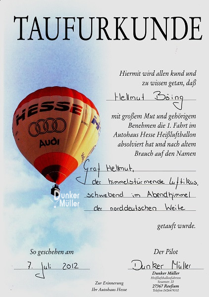 Eine Heißluftballonfahrt von Anfang bis Ende. Taufurkunde gratis. Eine Heißluftballonfahrt von Anfang bis Ende. Taufurkunde gratis.